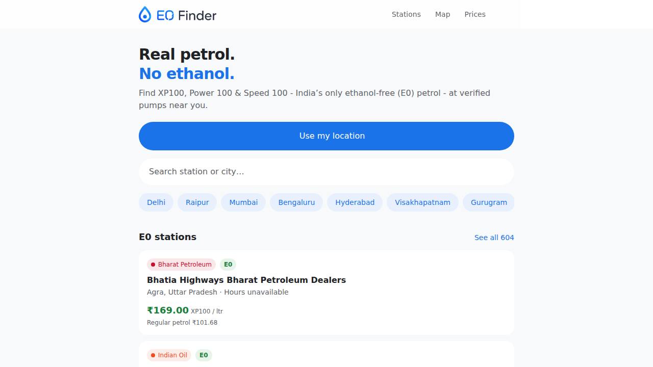 Preview of E0 Petrol Near Me | Find Ethanol-Free Petrol in India | E0 Finder